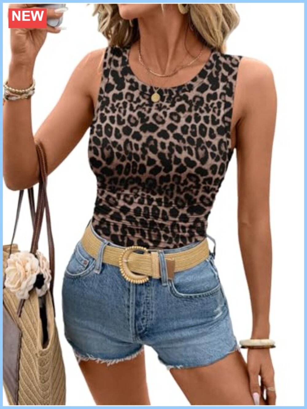Leopard Ruched Sleeveless Tank Top Slim Fit Crew Neck
